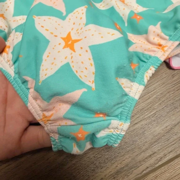 Sweet Honey Pink and Teal Starfish Ruffle One-Piece Swimsuit 2T - Picture 3 of 7